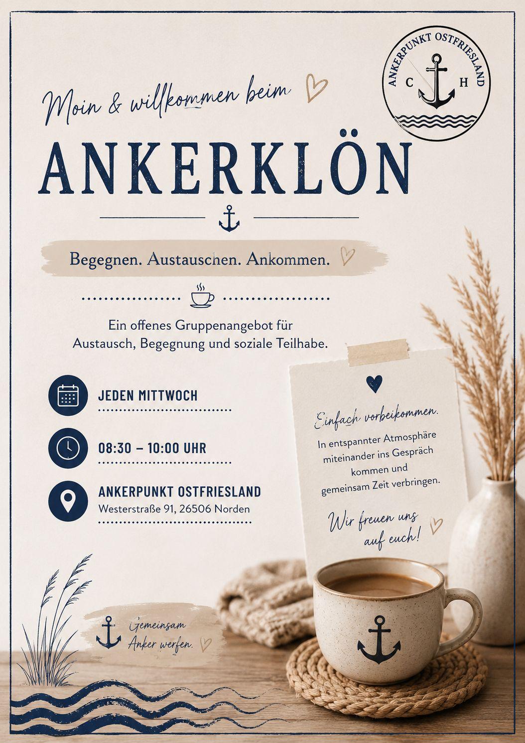Flyer für den Ankerklön: jeden Mittwoch von 08:30 bis 10:00 Uhr in der Westerstraße 91 in Norden